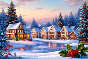 Fototapeta premium Christmas Village Wallpaper, Christmas Village Landscape Scenery, Winter Village Landscape Background, Snowy Christmas Winter Village Wallpaper, Festive Winter Snow Landscape Background
