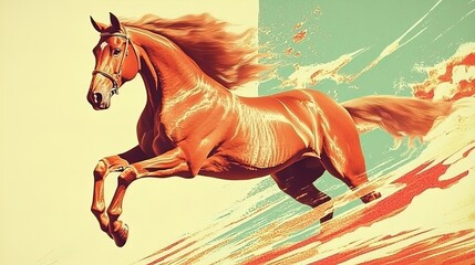 Galloping Golden Horse: A Stunning Poster for Sports Interiors Featuring Liquid Textures and Molten Gold Trails on a Vibrant White Background