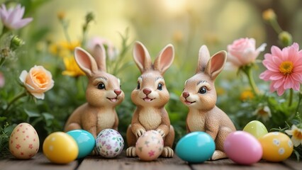 Three delightful bunny figurines sit amidst a vibrant display of easter eggs and blooming flowers. This cheerful scene captures the essence of spring, celebrating renewal and joy with playful colors a