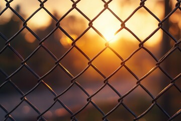 Fototapeta premium Steel wire mesh fence close-up reflecting warm sunset light