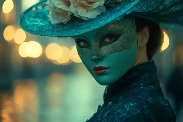 Fototapete Rund Mysterious woman wearing elegant turquoise mask and hat at venice carnival © Lubos Chlubny