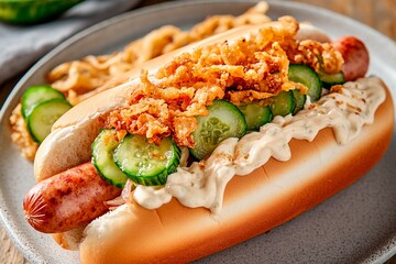 Delightful hot dog platter with crispy onions and fresh cucumbers for a perfect meal experience