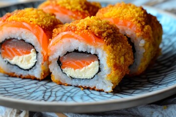 Sushi rolls with a crispy coating and vibrant colors served on an elegant plate