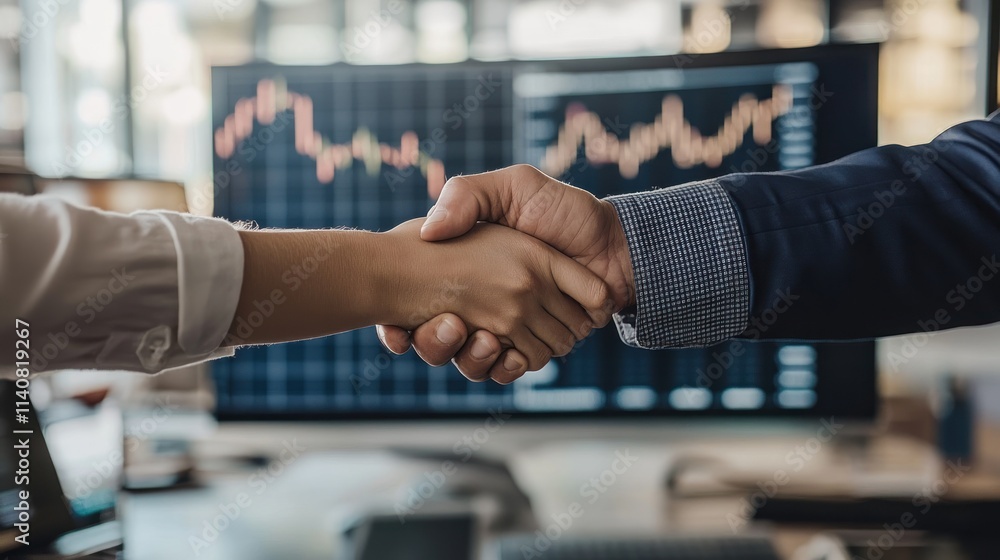 Aufkleber A handshake between two individuals in a business setting with financial graphs in the background.