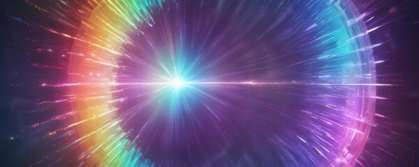 Iridescent powdery texture radiating from the center in shimmering rainbow light, light radiance, subtle shine, luminous colors