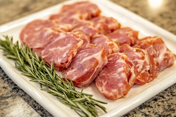 Sliced cured meat paired with fresh rosemary in a rustic kitchen setting
