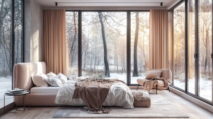 Modern bedroom design with pastel furniture and large windows overlooking nature