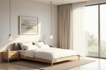 Minimalist modern bedroom with large window and elegant decor.