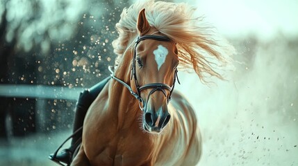 Galloping Golden Horse: A Stunning Poster for Sports Interiors Featuring Liquid Textures and Molten Gold Trails on a Vibrant White Background