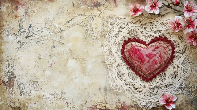 A vintage-style Valentine's Day background with lace and doily accents, evoking a sense of nostalgia