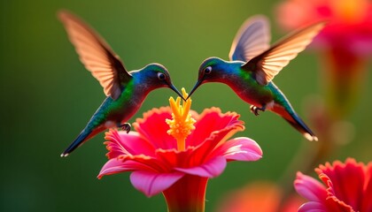 Two vibrant hummingbirds hover gracefully around a vivid red flower, their iridescent feathers shimmering in the soft glow of the sunlight.