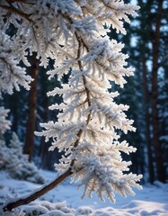 Luminous tendrils of light curling through the frost-covered branches of a majestic white fir, crystal, shimmering, abstract