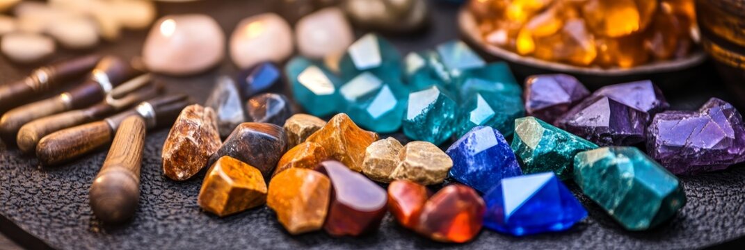 Precious Stones and Jewelers Tools - Colorful gemstones arranged on a black jeweler's mat, accompanied by antique-looking tools. Symbolizing craftsmanship, artistry, luxury, nature's beauty, and preci