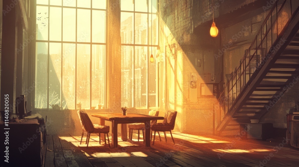 Poster a sunlit interior with a table and chairs, creating a warm and inviting atmosphere.