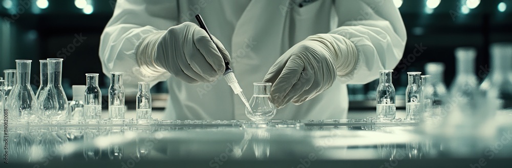 Leinwandbilder a scientist in a lab coat conducts an experiment using glassware and a pipette.