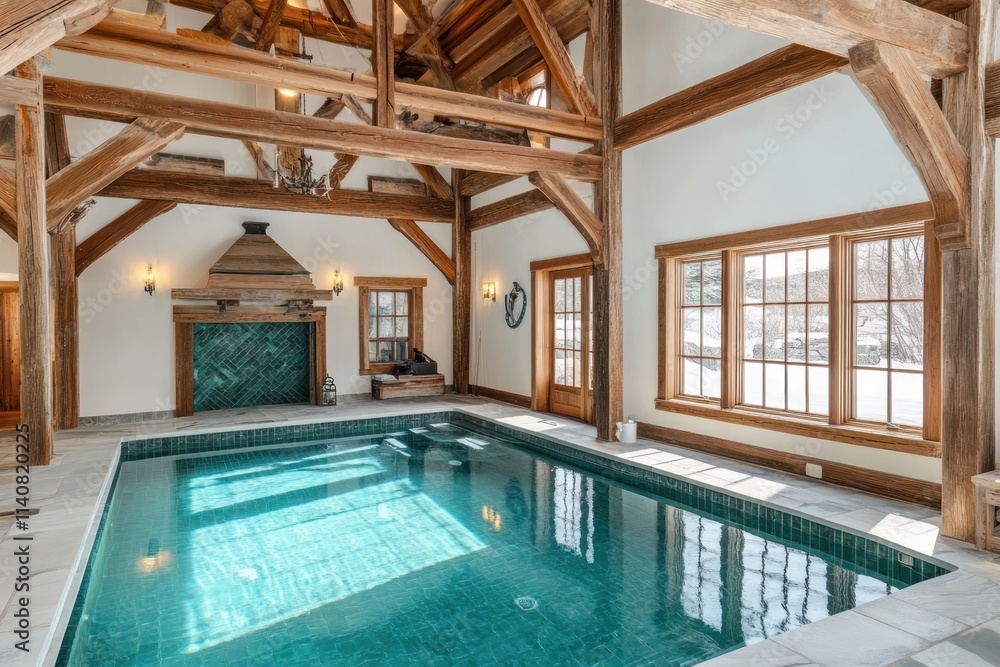 Poster indoor swimming pool with wooden beams and large windows, creating a bright, inviting space.