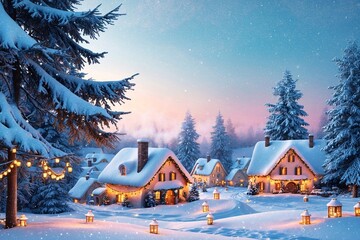 Fototapeta premium Snowy Christmas Winter Wallpaper, Winter Landscape background, Snowy Christmas Winter Scene Wallpaper, Festive Winter Snow Landscape Background, Christmas Village Wallpaper