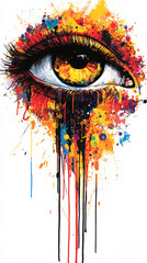 Abstract artistic illustrations of human eyes with colorful paint splatters and dripping effects on a white background, blending realism and expressive modern art styles