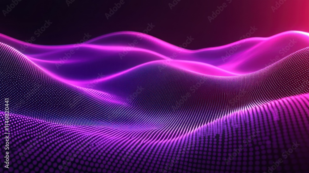 Poster abstract digital landscape with flowing waves of purple light and dots.