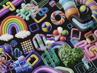 A 3D illustration of a vibrant, colorful  inflated abstract shapes and objects. There is a rainbow with a gradient of colors, a heart made of leaves, and various geometric designs.