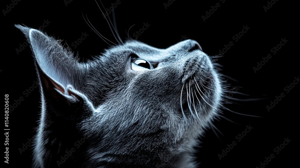 Poster a close-up of a cat's profile against a dark background, highlighting its features and expression.
