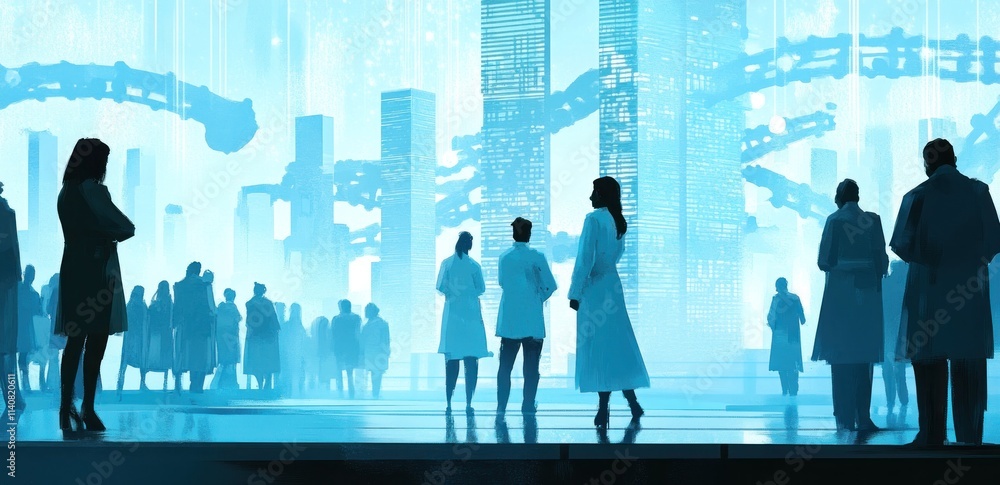 Poster A futuristic scene with scientists in lab coats observing advanced technology and data displays.