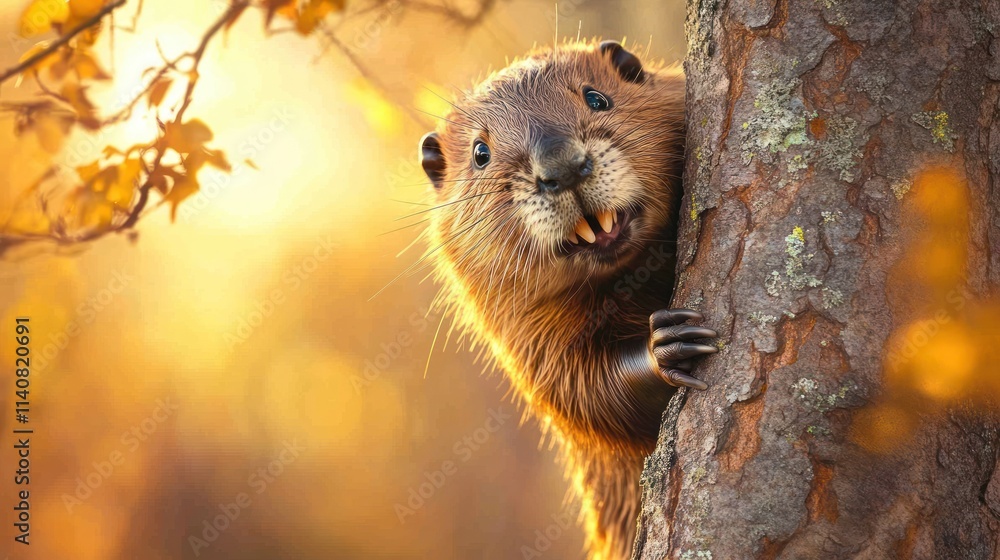 Poster a curious beaver peeks from behind a tree in a warm, autumn setting.