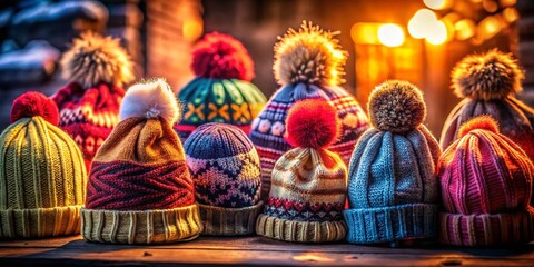 Fototapeta premium Winter Hat Photography: Low Light Images, Cozy Knit Hats, Stylish Beanies, Winter Fashion Accessories