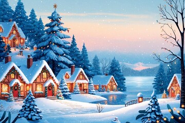 Fototapeta premium Snowy Christmas Winter Wallpaper, Winter Landscape background, Snowy Christmas Winter Scene Wallpaper, Festive Winter Snow Landscape Background, Christmas Village Wallpaper