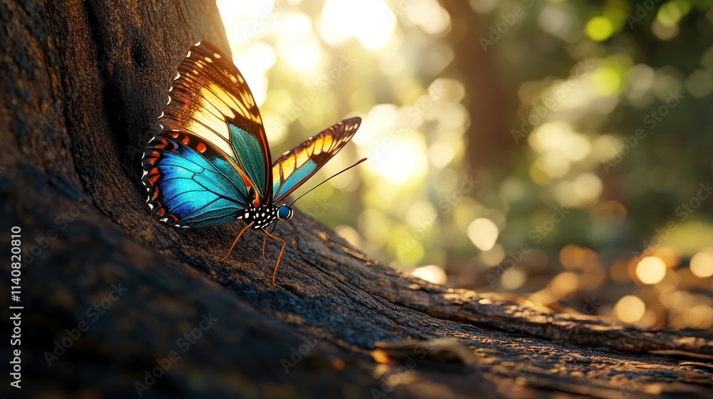 Poster a vibrant butterfly perched on a tree trunk in a sunlit forest setting.