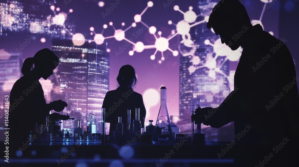 Poster Scientists working in a lab with a digital backdrop of molecular structures.