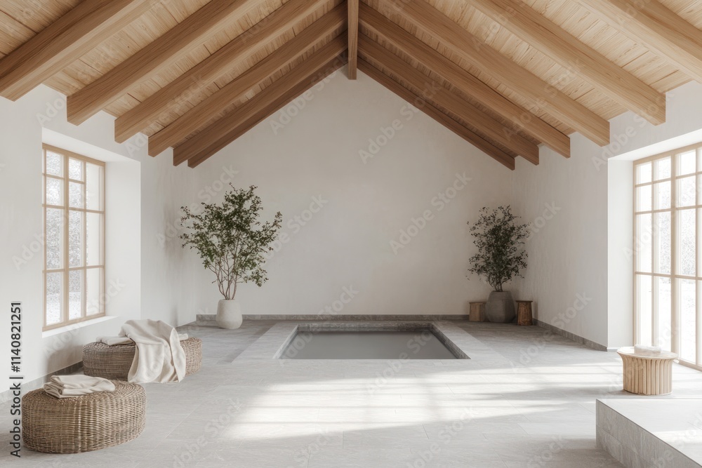 Poster A serene indoor space featuring a minimalist design with a small pool and natural elements.