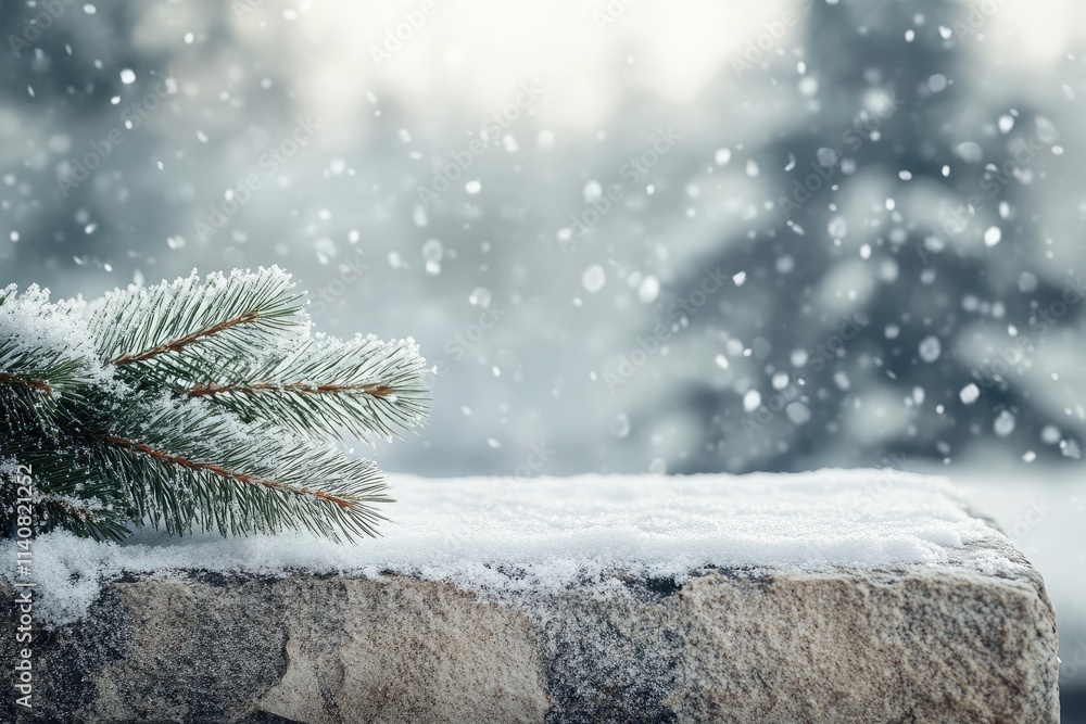Poster pine branch covered with snow flakes during snowfall in winter wonderland
