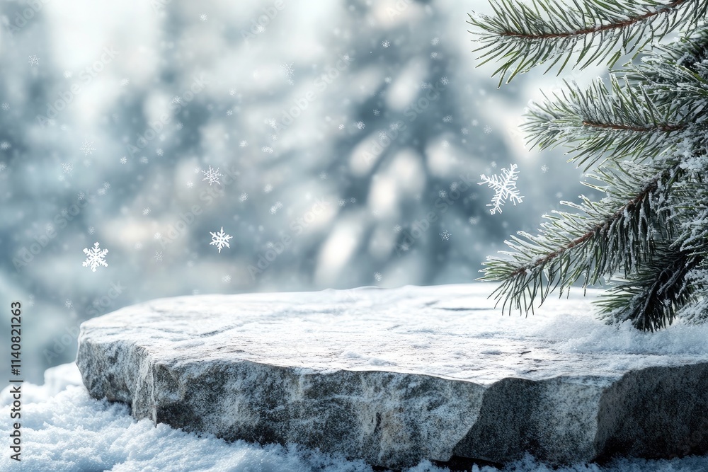 Poster pine branch covered with snow flakes during snowfall in winter wonderland