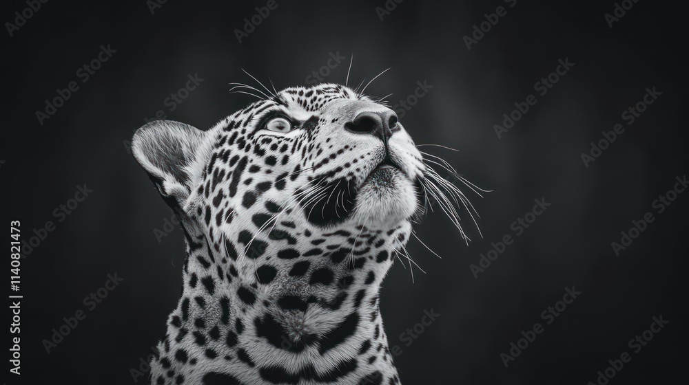 Poster a striking monochrome portrait of a jaguar looking upwards, showcasing its features and expression.