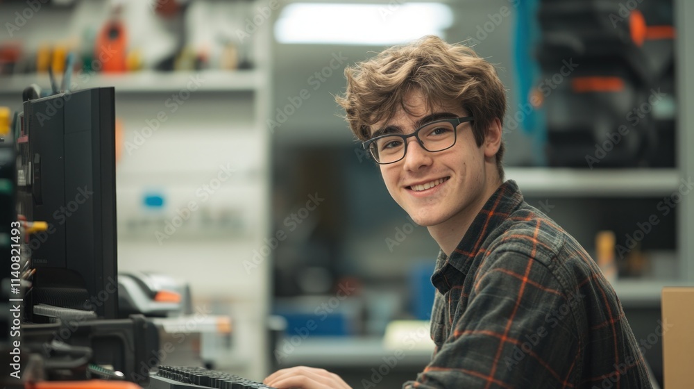 Aufkleber a young man smiles while working at a computer in a workshop environment.