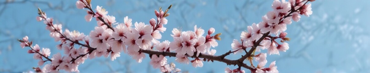 image of a branch heavy with cherry plum blossoms against a soft, pastel blue sky , blossoms blooming, blossom branches, cherry plum blossom