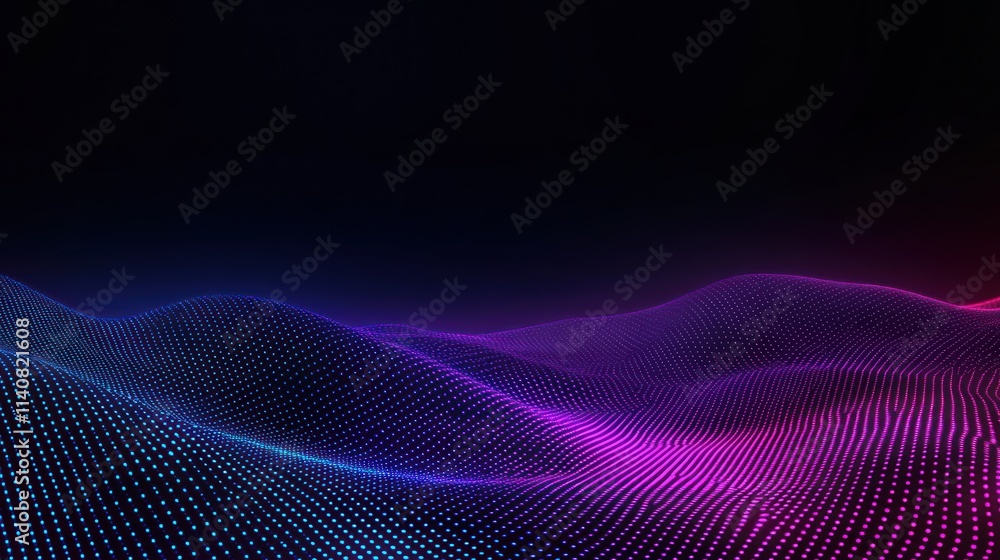 Aufkleber Abstract digital landscape with vibrant waves and dots in a dark setting.