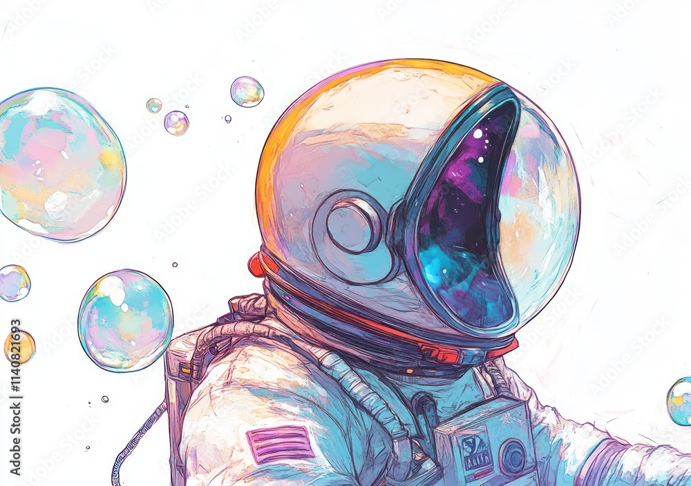 Poster an astronaut in a colorful space suit surrounded by bubbles, evoking a whimsical cosmic scene.