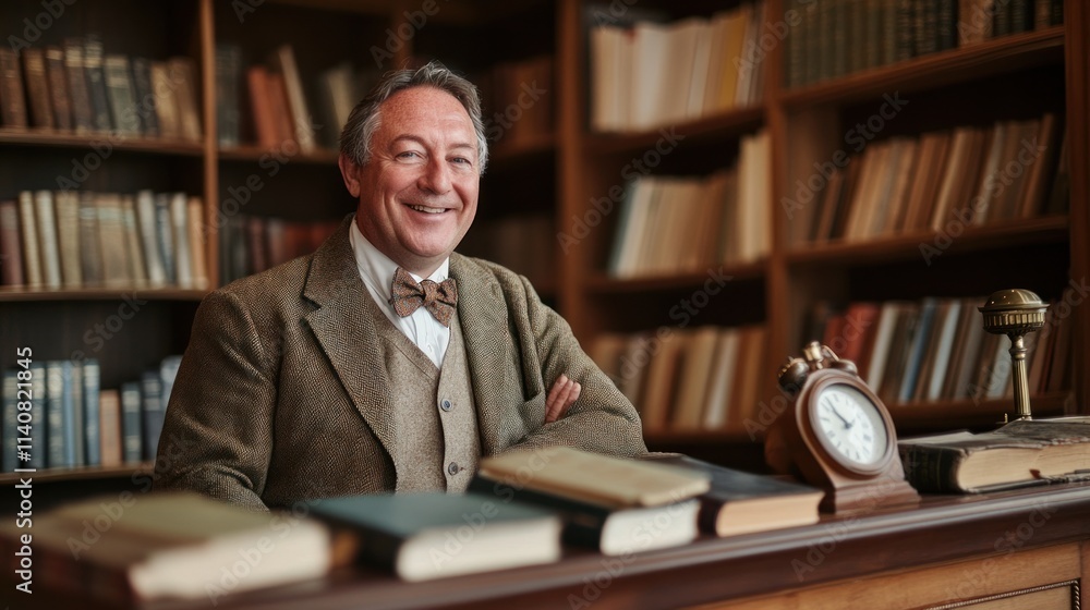 Aufkleber a smiling man in a bow tie sits at a desk surrounded by books and a clock.