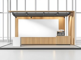 Mobile trade show booth mockup featuring a billet press wall with a blank banner