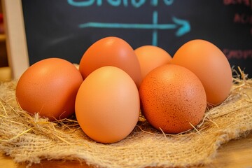 Fresh farm eggs gathered together on a rustic burlap display in a cozy kitchen setting