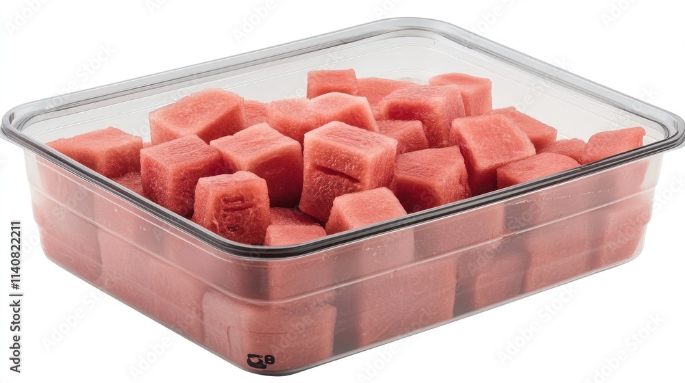 Poster a container filled with neatly cut watermelon cubes, ready for serving.