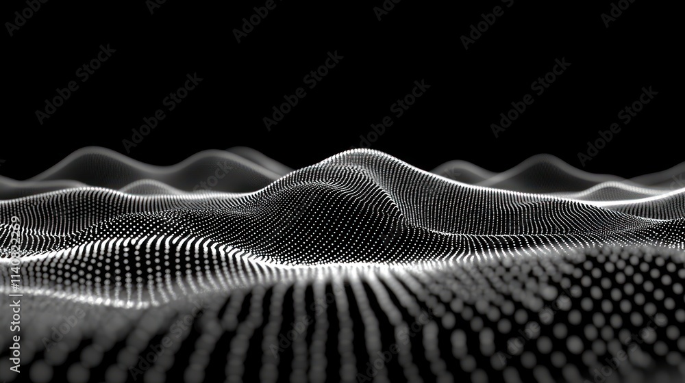 Poster Abstract representation of waves created by a grid of dots on a black background.