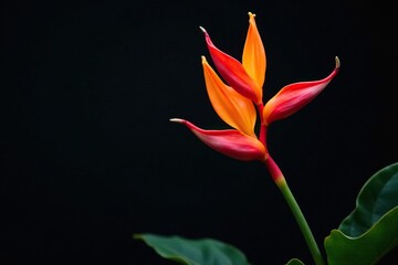 Long Heliconia inflorescence against dark background, nature, bloom, flowers