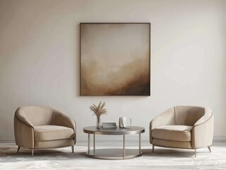 Minimalistic living room in tan and taupe colors, featuring beige armchairs and a metal table, ideal for showcasing art on a blank wall