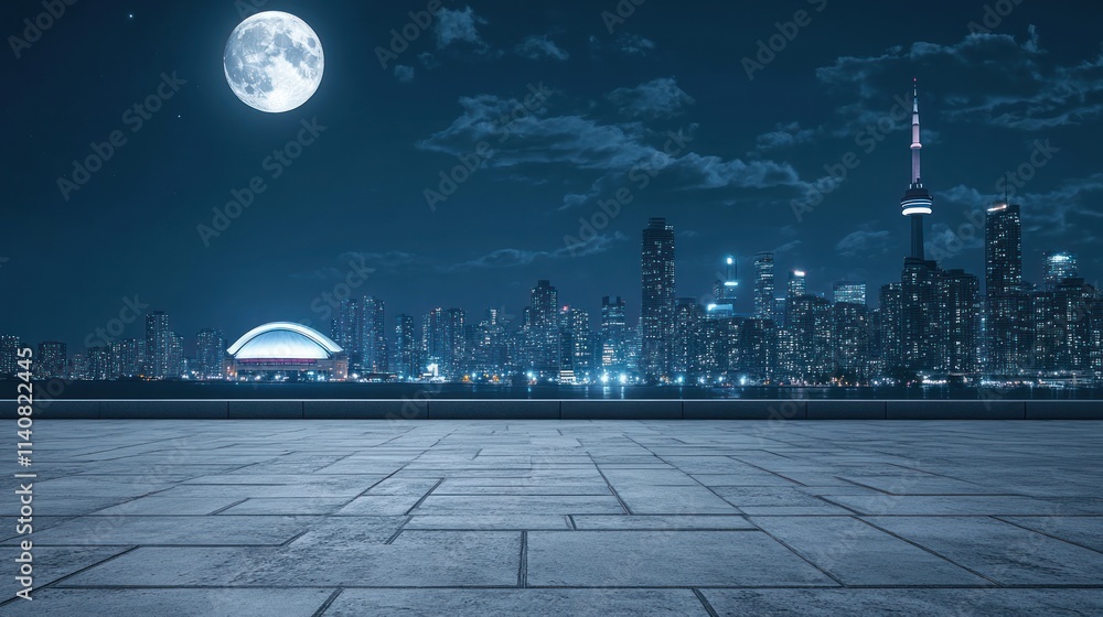 Poster nighttime cityscape featuring a full moon over a skyline with modern architecture.
