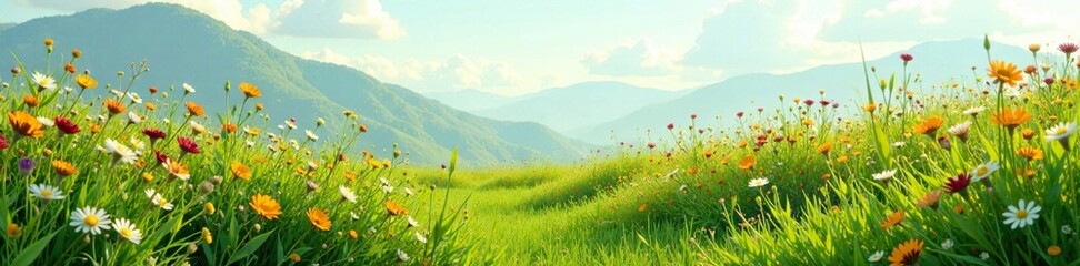 Fototapeta premium Lush landscape with tall grasses and colorful wildflowers, landscape, bloom, nature