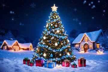 Fototapeta premium Magical Christmas Night Landscape with Festive Decoration, Christmas Night Wallpaper, Christmas Night Landscape Background, Christmas Wallpaper, Christmas Background