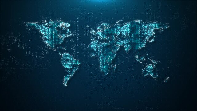 Digital world map global networking, international business, digital technology data visualization, global communication, cybersecurity, and technological innovation. trade, finance, relations, 3D 4K